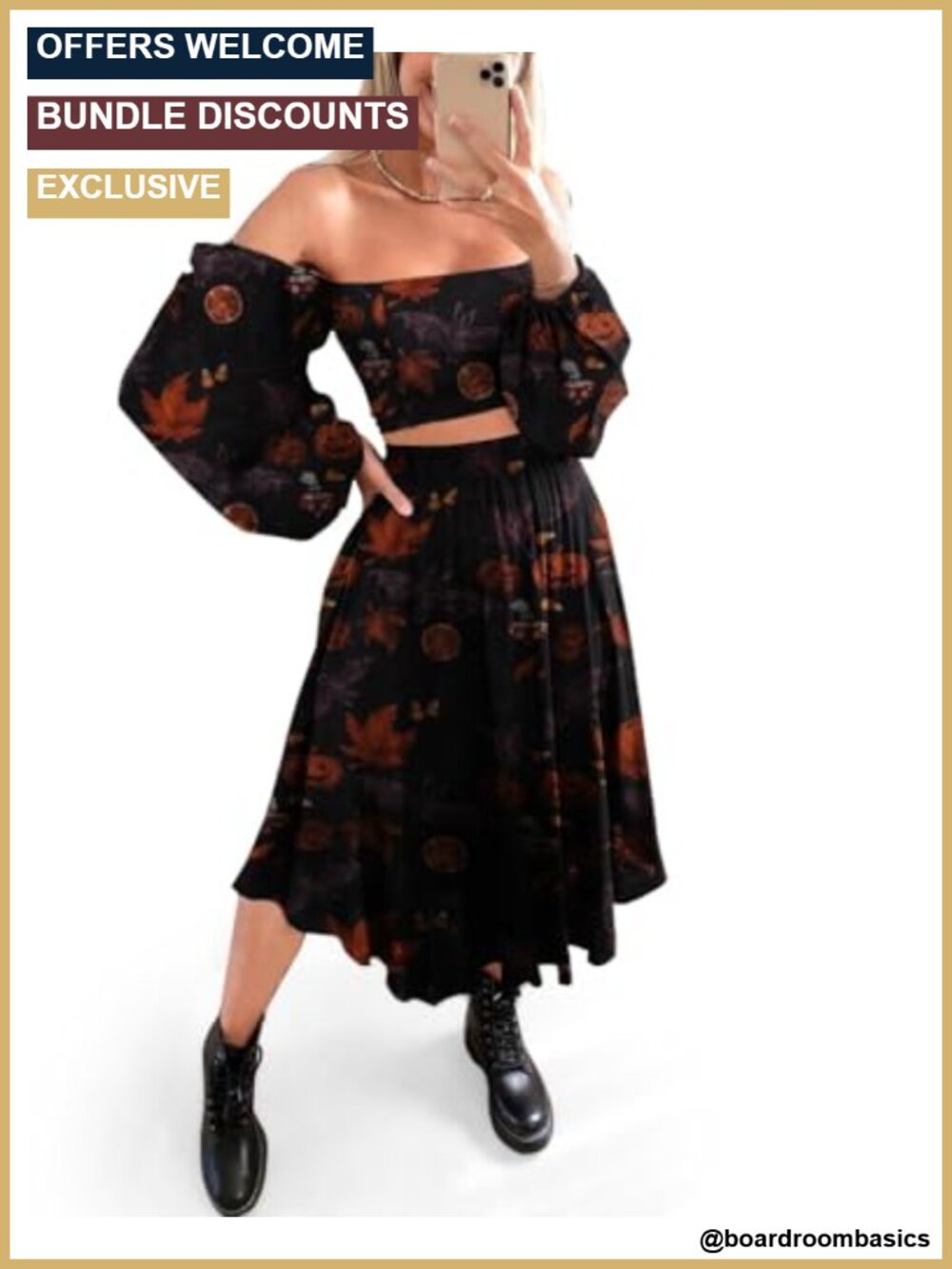 Gothic Two Piece Midi Skirt Set Long Sleeve Off-Shoulder Halloween Outfit